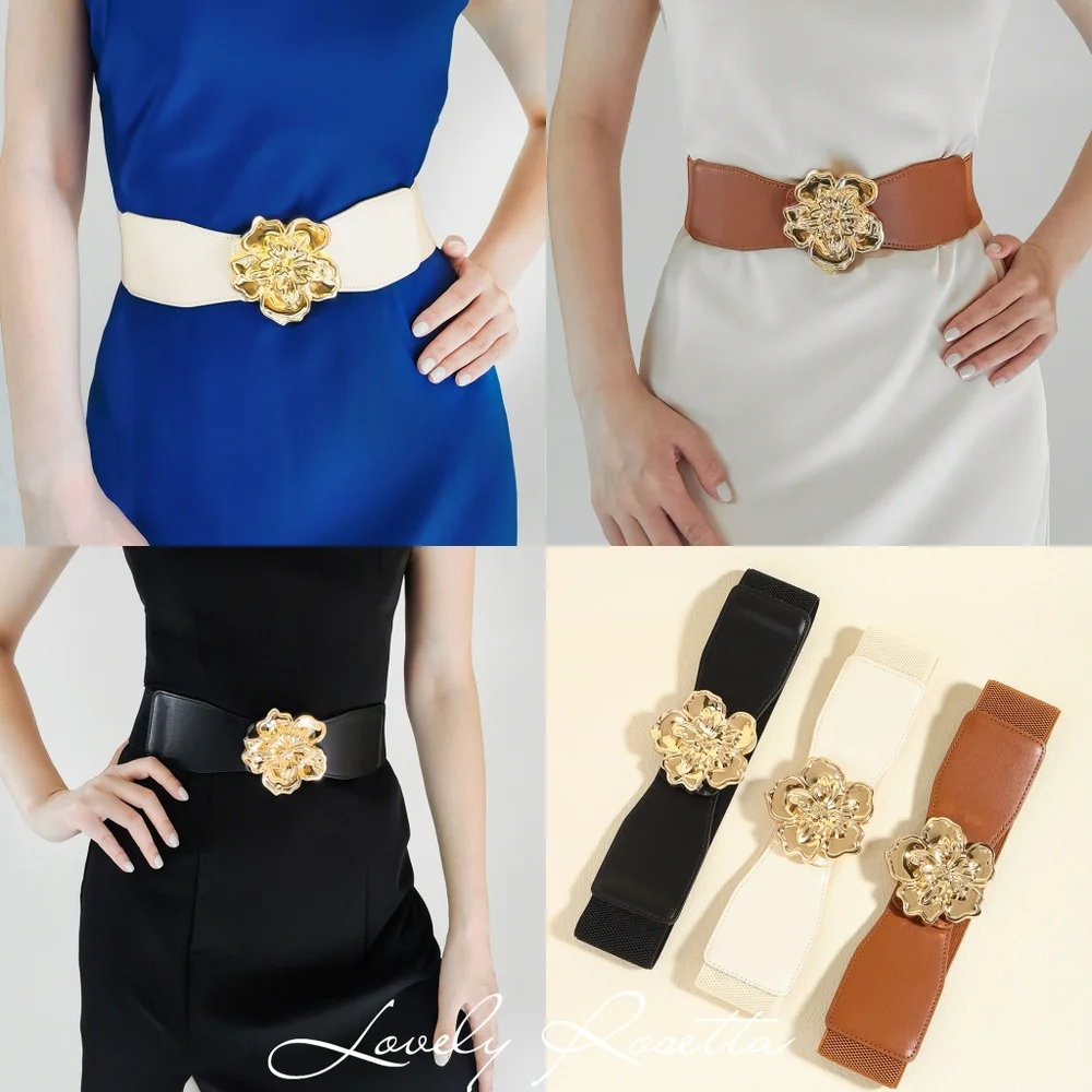 Ivory Elastic Belt with Gold Floral Buckle